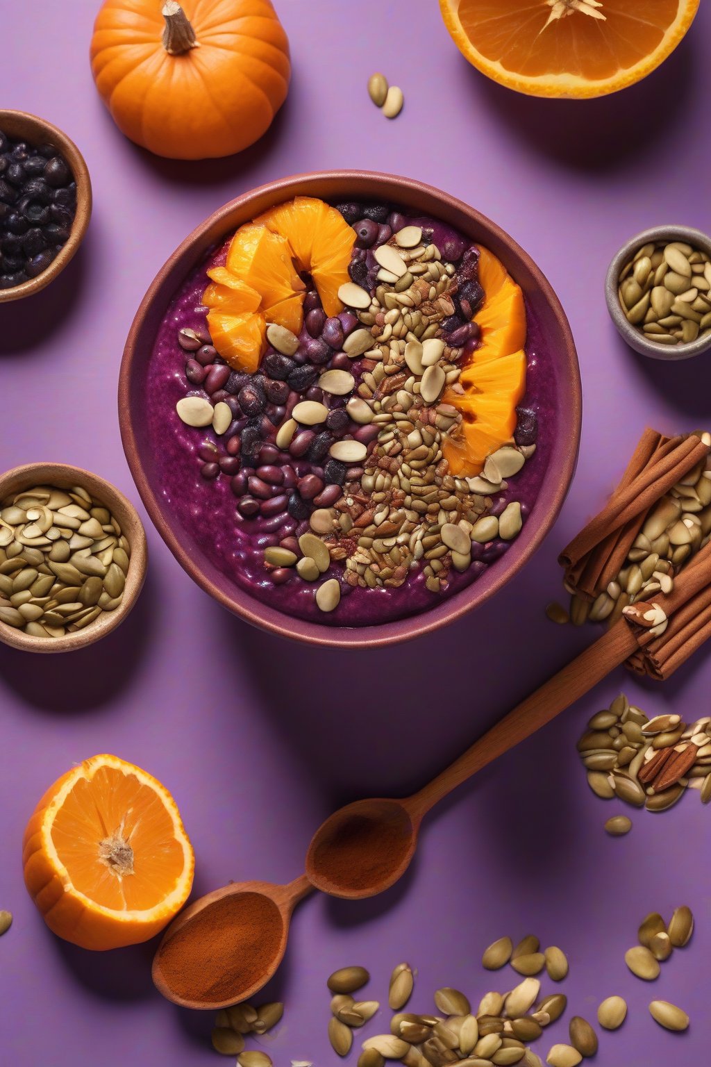 A high-resolution photo of an orange-purple acai bowl with pumpkin seeds and cinnamon under soft lighting.