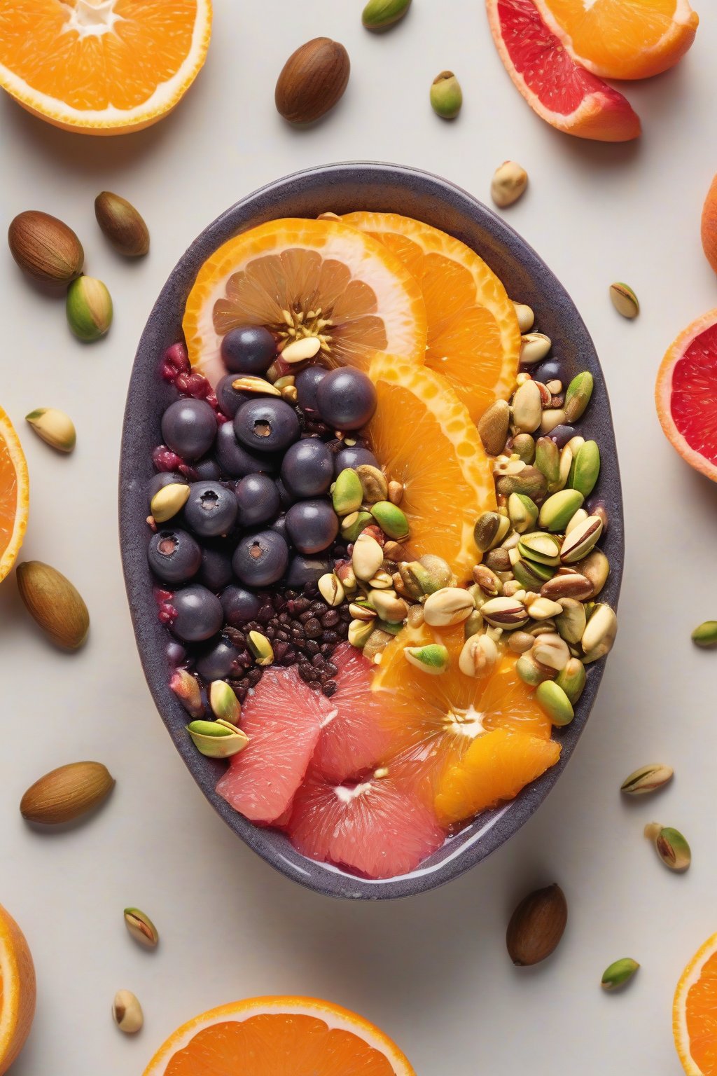 A high-resolution photo of a citrus-flecked acai bowl with orange, grapefruit, and pistachios under soft lighting.