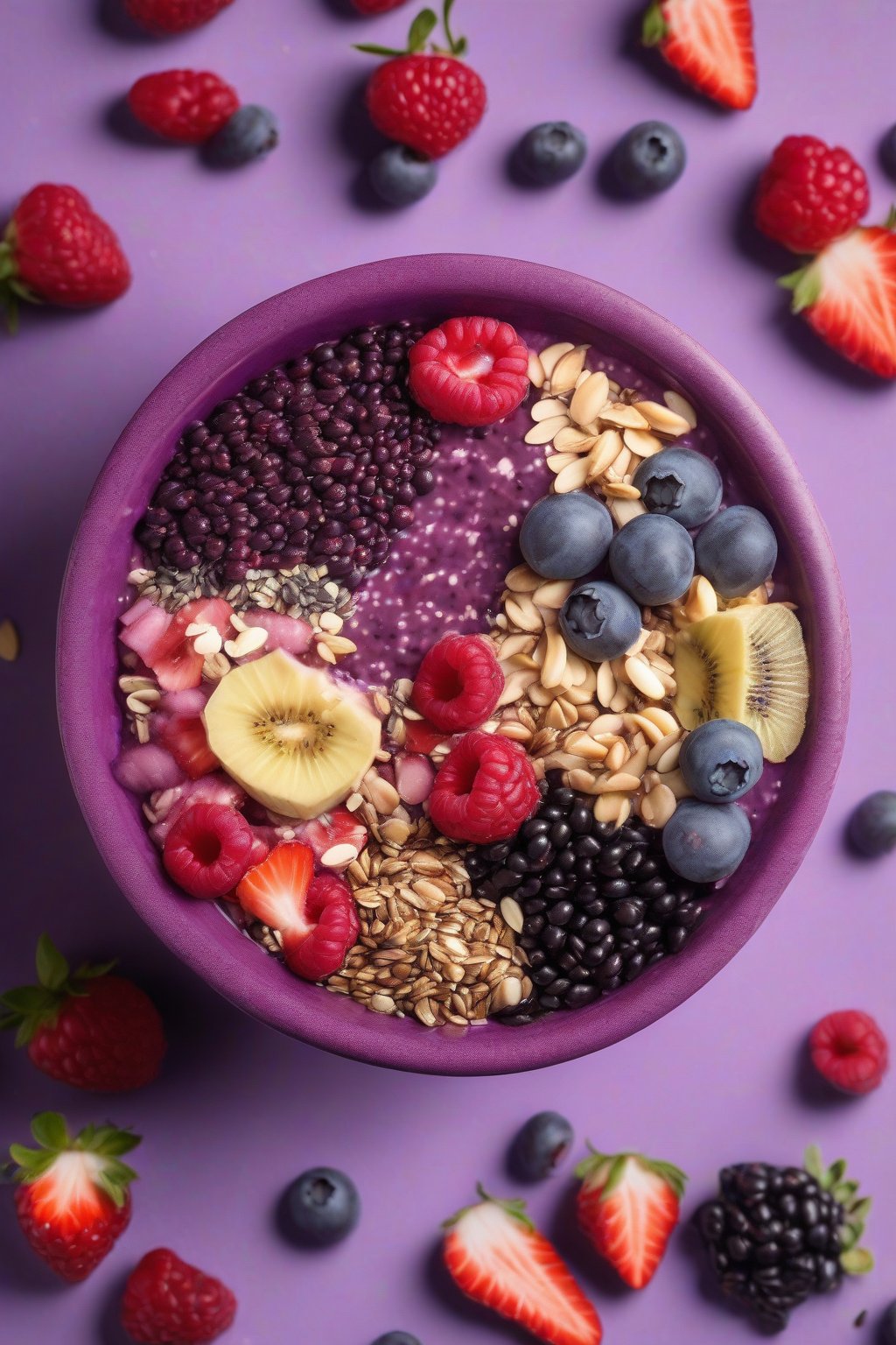 A high-resolution photo of a purple acai bowl piled high with mixed seeds and berries under soft lighting.