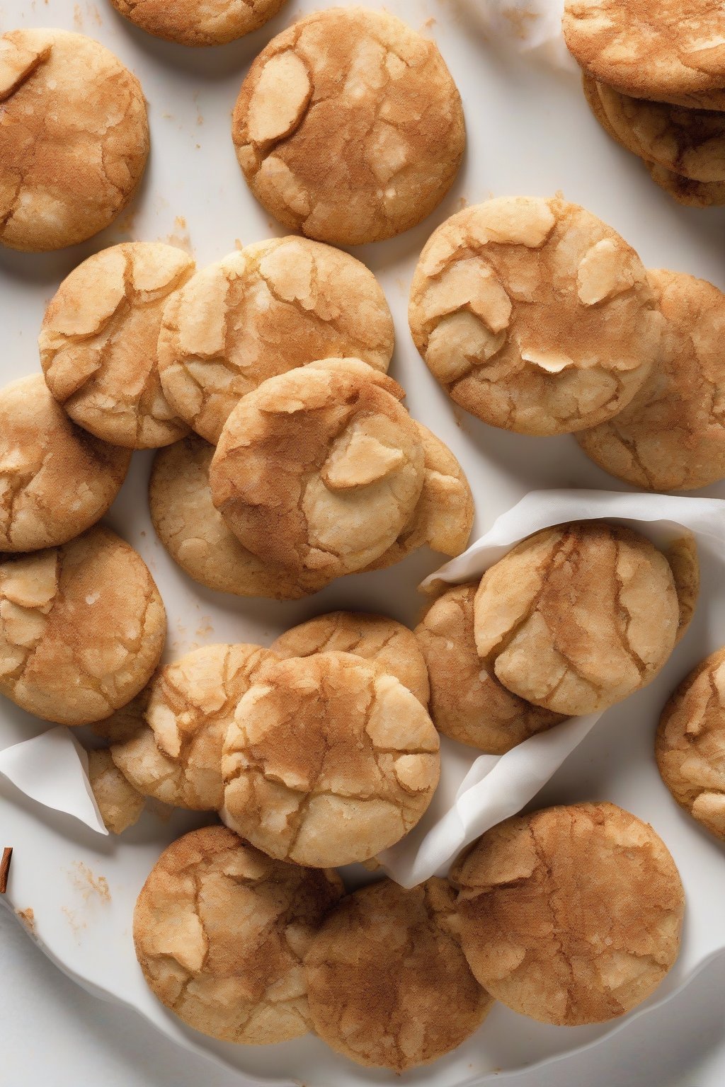 A high-resolution photo of golden crackly cinnamon snickerdoodle cookies on a white plate under soft lighting.