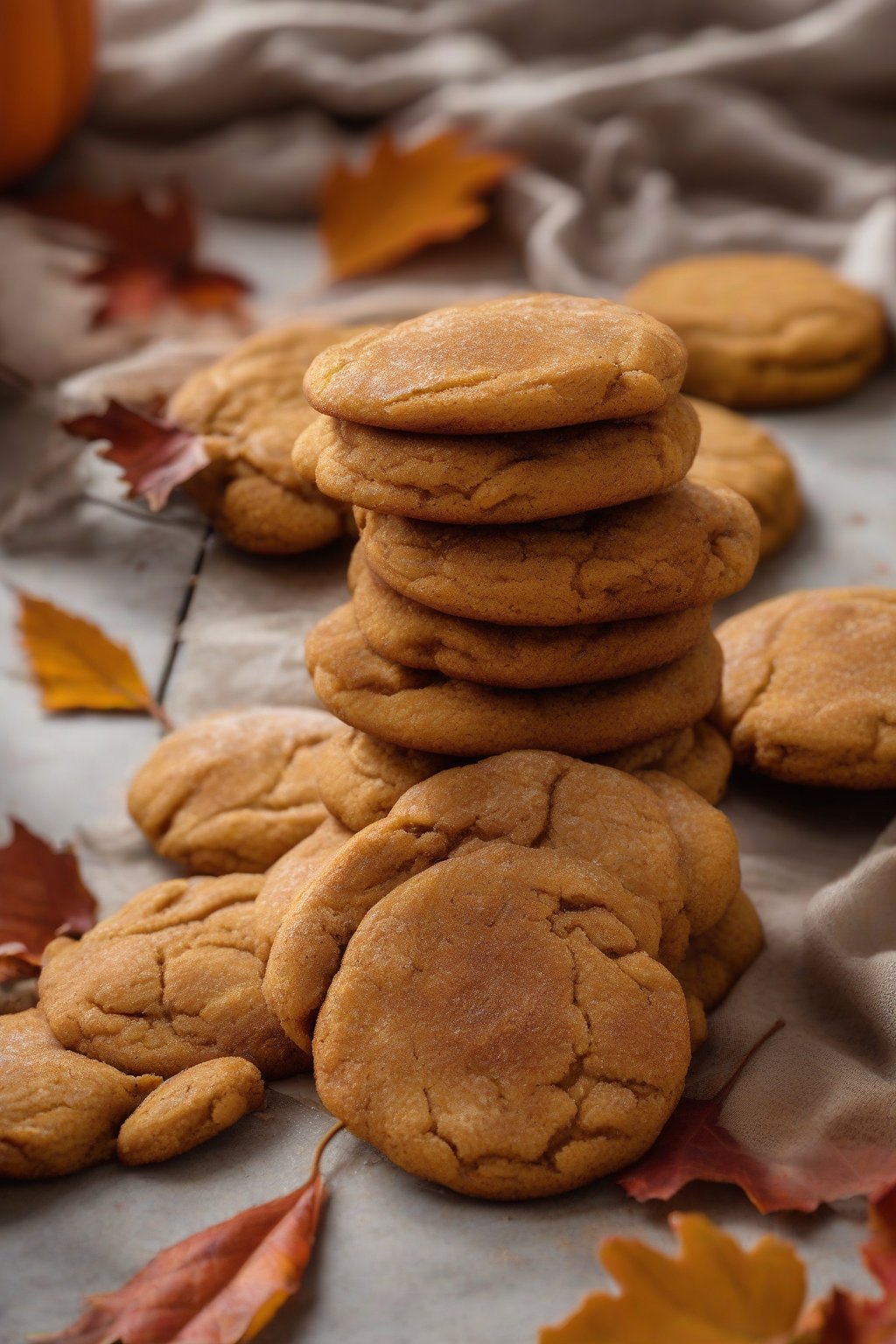 A high-resolution photo of pumpkin snickerdoodle cookies stacked with fall leaves around them under soft lighting.