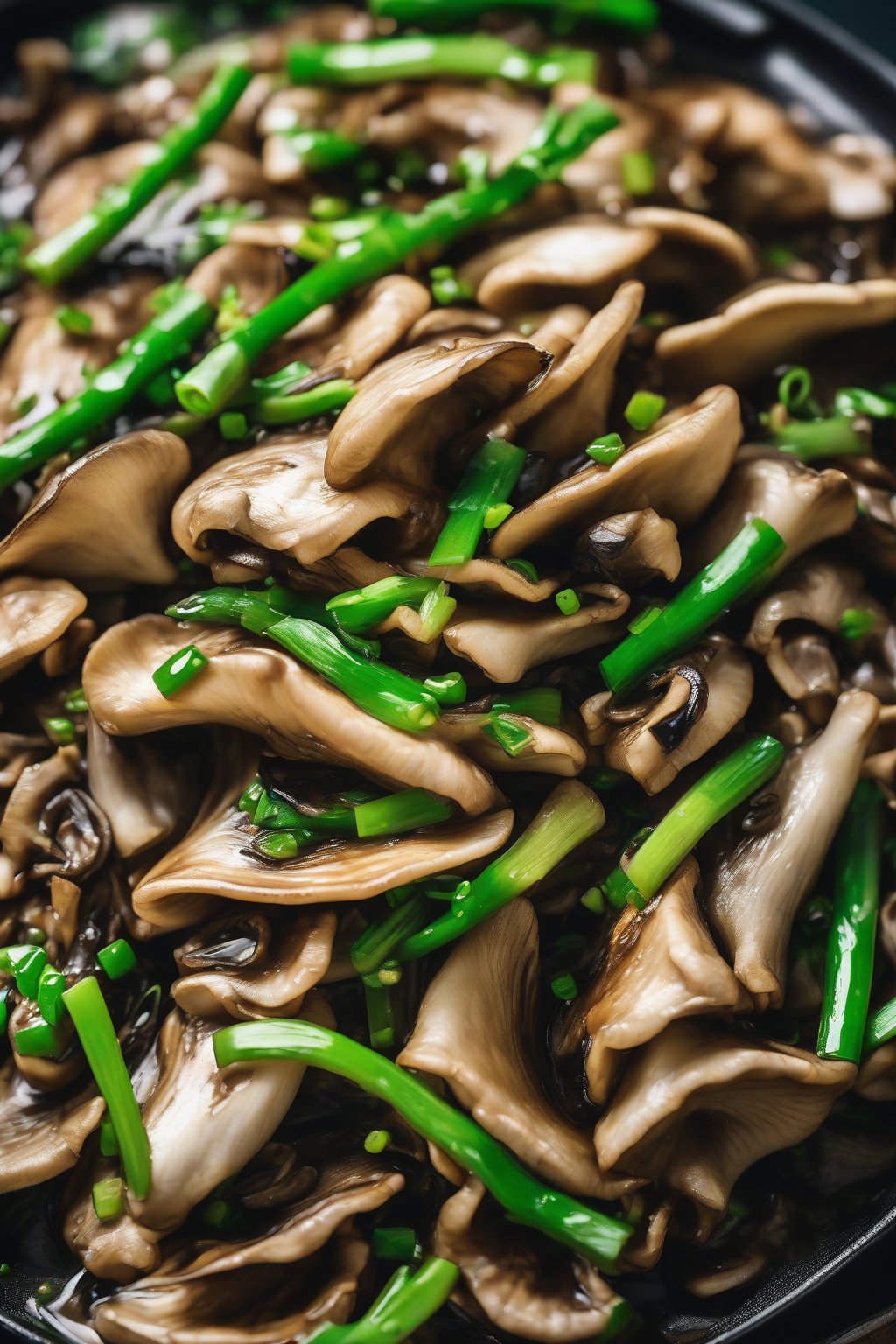 A close-up photo of Mongolian oyster mushroom stir-fry piled with green scallions under soft lighting.