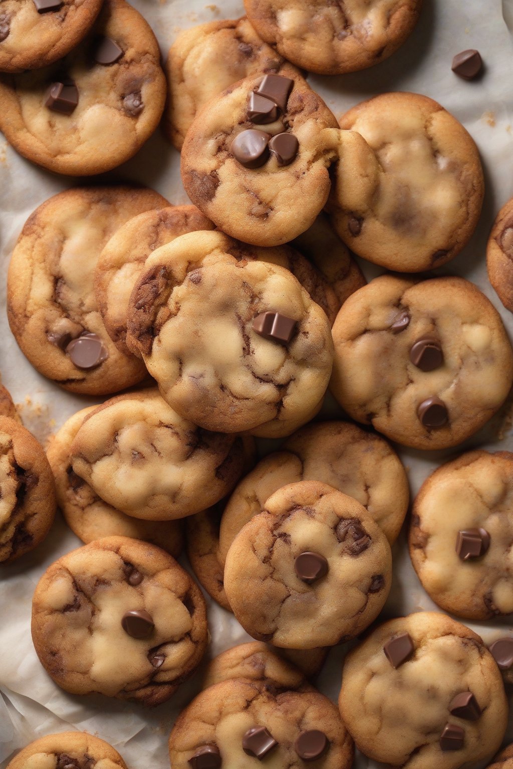 A high-resolution photo of chocolate chip snickerdoodle cookies with melted centers under soft lighting.