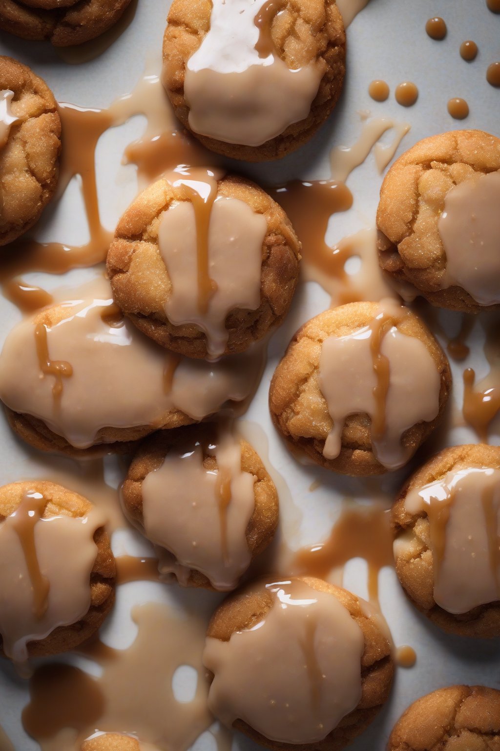 A high-resolution photo of salted caramel snickerdoodle cookies with dripping sauce under soft lighting.