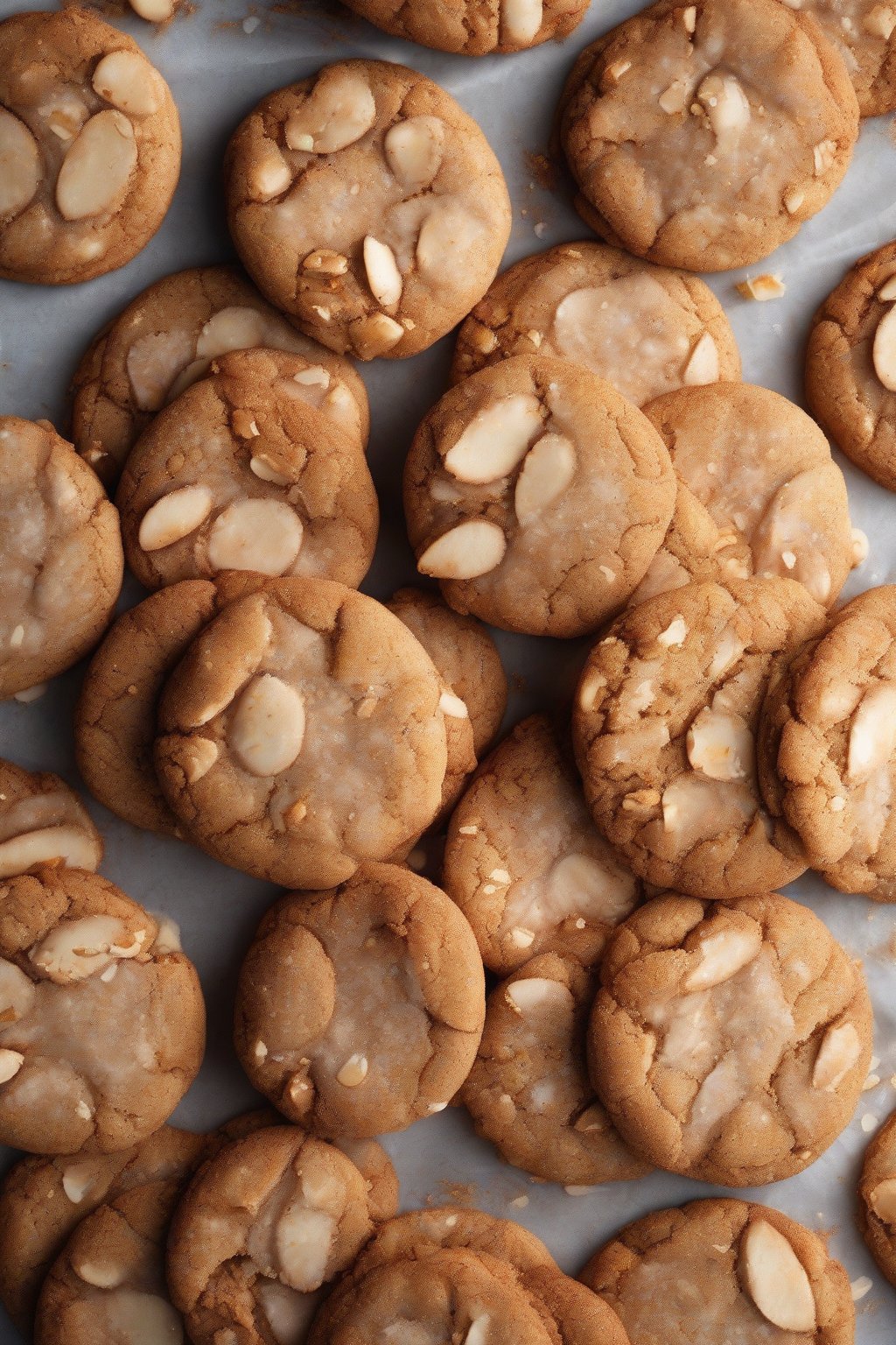 A high-resolution photo of almond-studded cinnamon snickerdoodle cookies under soft lighting.