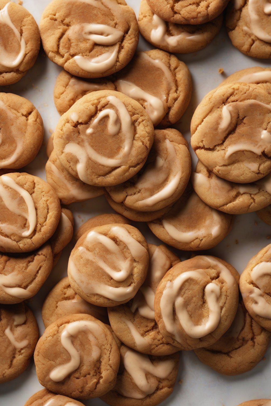 A high-resolution photo of peanut butter swirl snickerdoodle cookies under soft lighting.