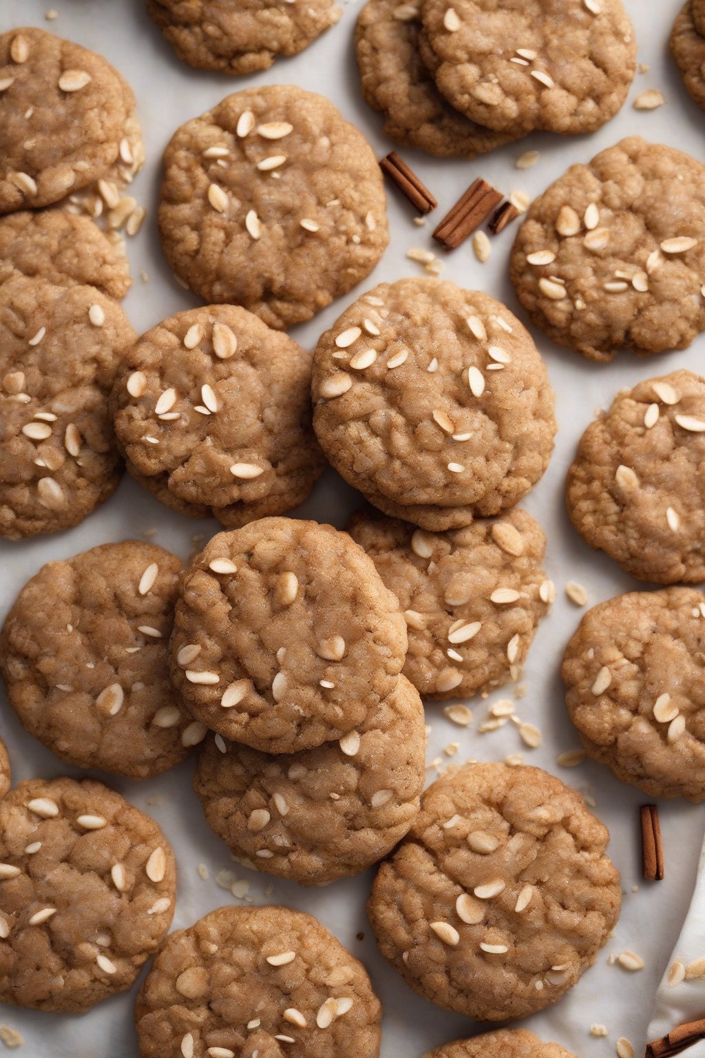 A high-resolution photo of oatmeal cinnamon snickerdoodle cookies with oats visible under soft lighting.