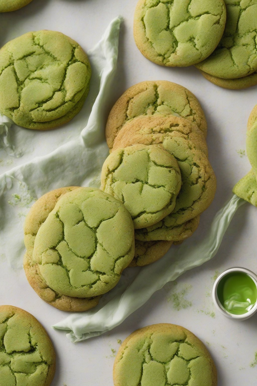 A high-resolution photo of vibrant green matcha snickerdoodle cookies under soft lighting.
