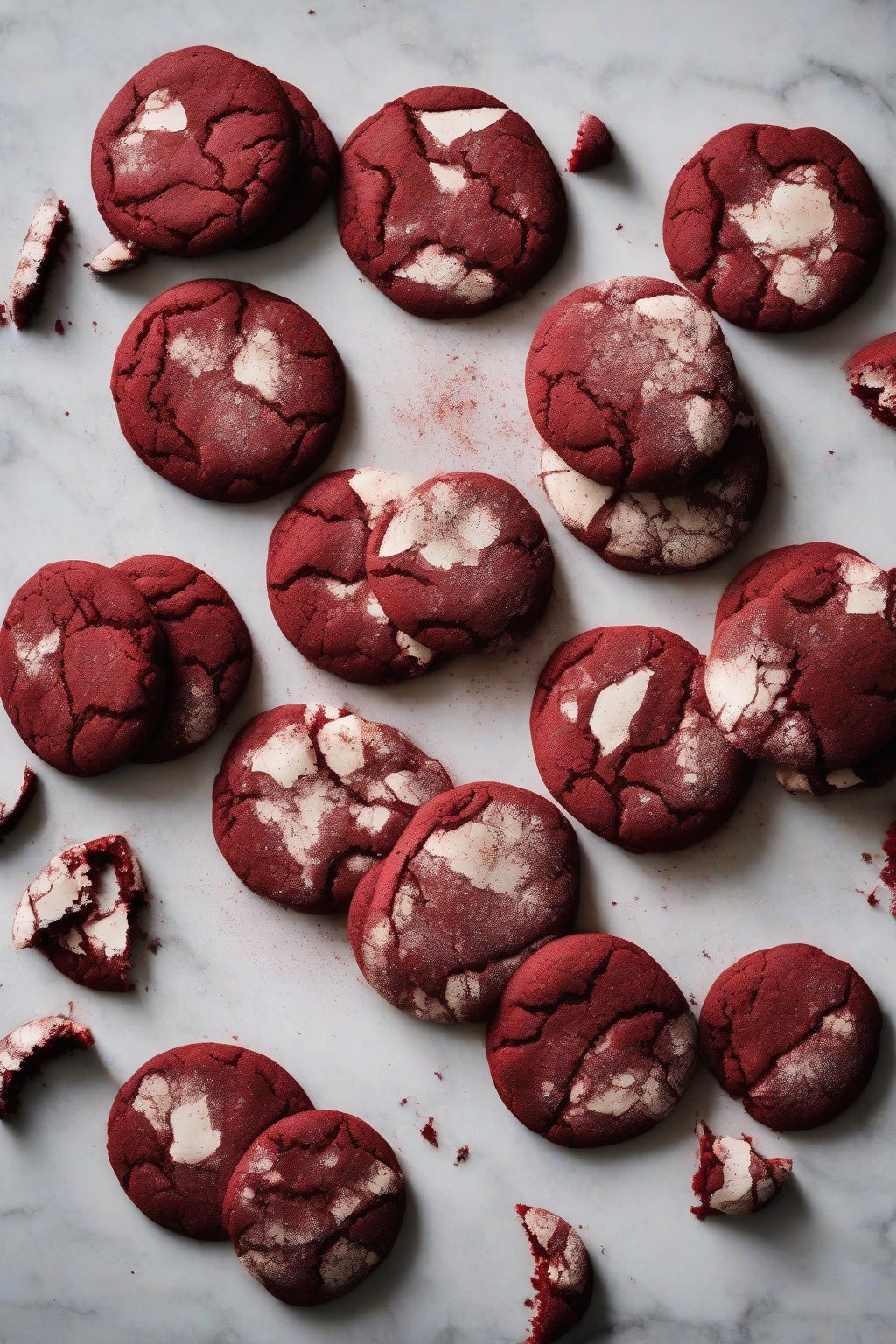 A high-resolution photo of red velvet snickerdoodle cookies with white cracks under soft lighting.