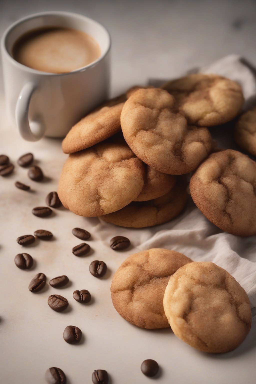 A high-resolution photo of coffee-infused snickerdoodle cookies beside a mug under soft lighting.