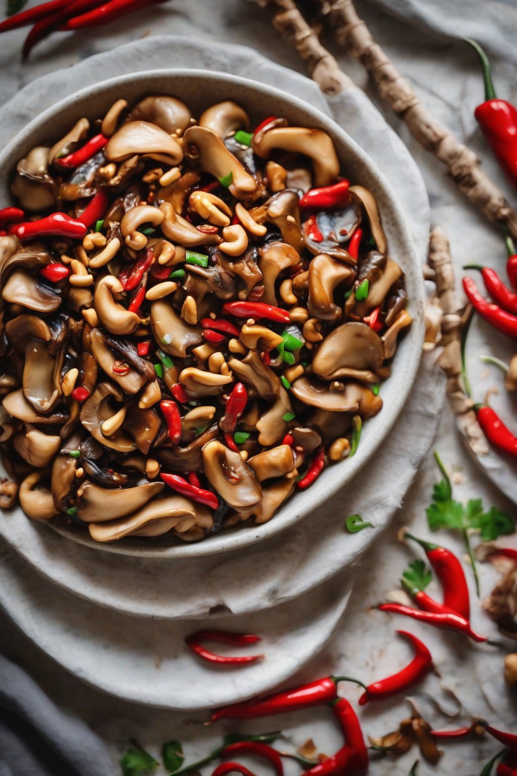 A close-up photo of Kung Pao oyster mushroom stir-fry with peanuts and red chilies under soft lighting.