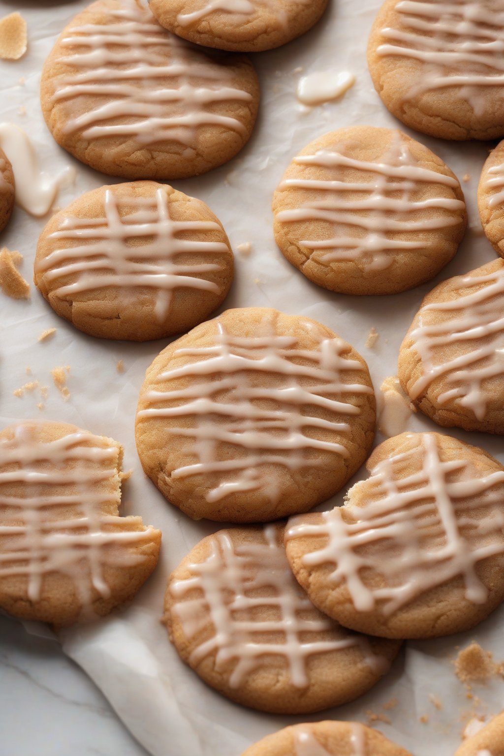 A high-resolution photo of maple-glazed cinnamon snickerdoodle cookies under soft lighting.