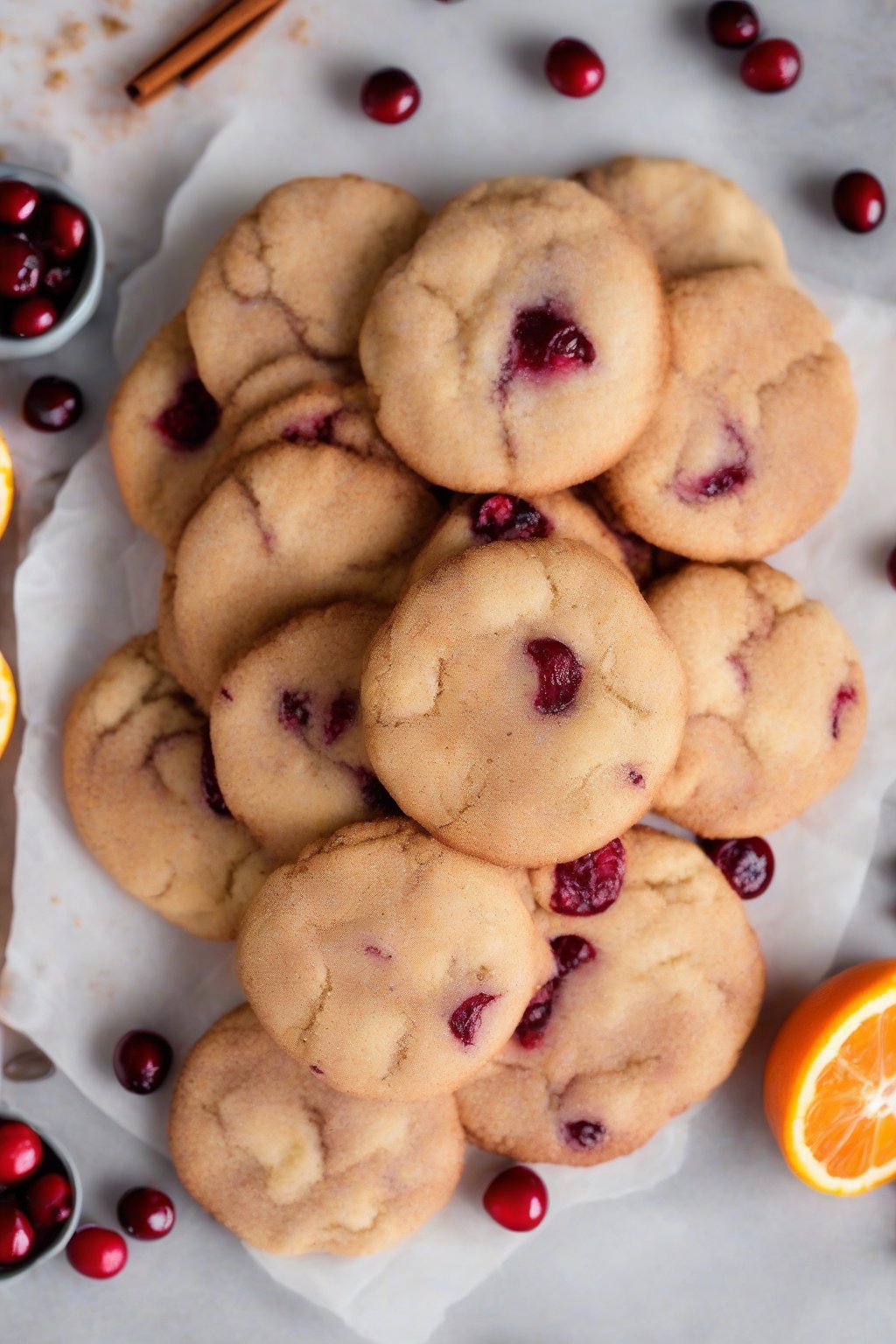 A high-resolution photo of cranberry orange snickerdoodle cookies with fresh slices under soft lighting.