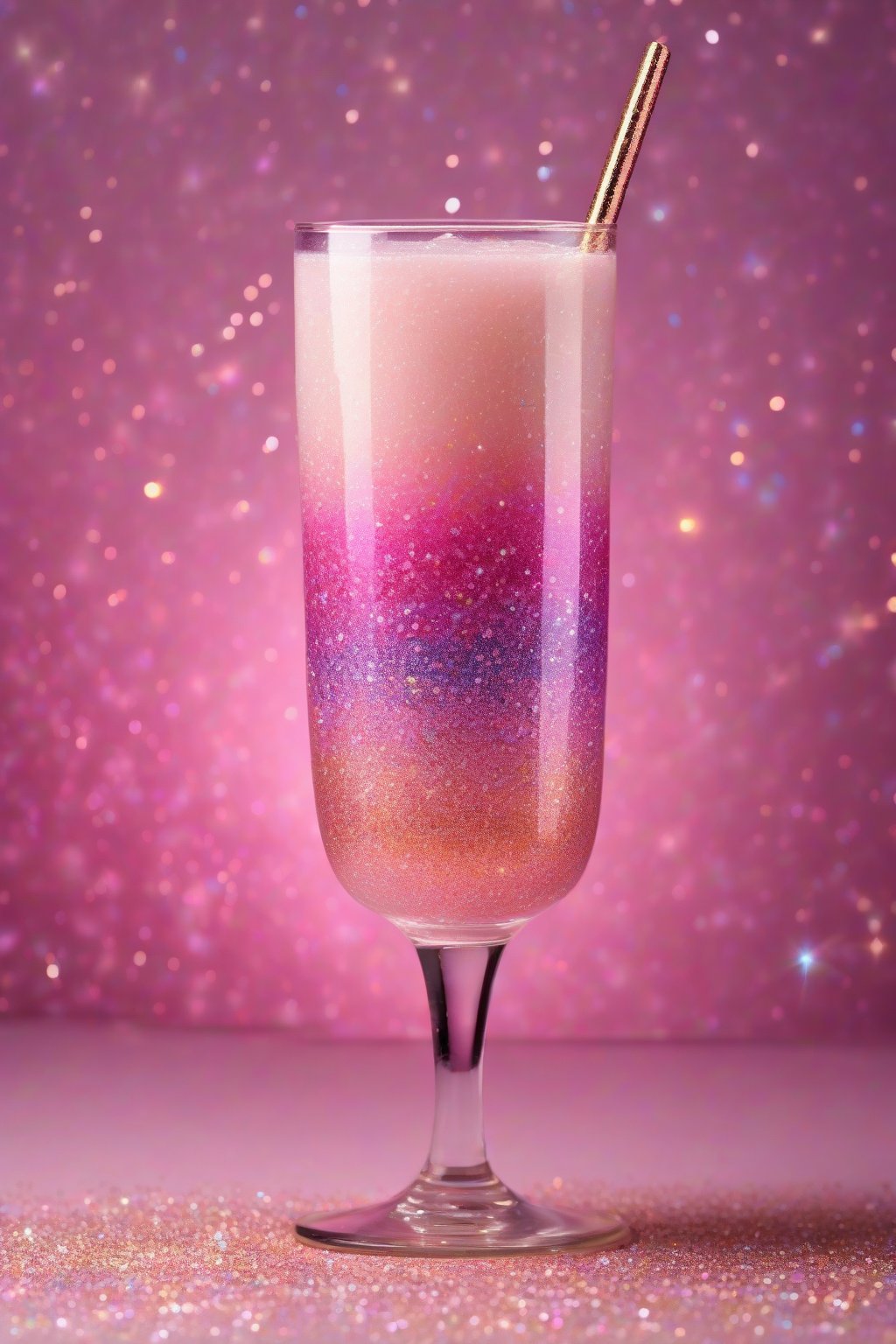 A high-resolution photo of a tall glass of layered Unicorn Sparkle Fizz with pink hues and sparkling glitter under soft lighting.