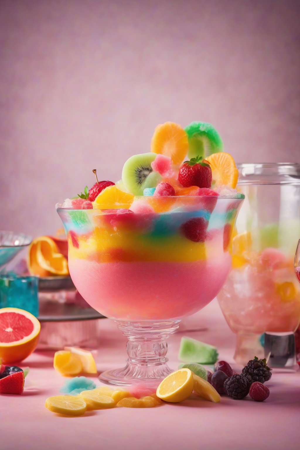 A high-resolution photo of a punch bowl filled with colorful Rainbow Sherbet Punch fizzing with fruit slices under soft lighting.