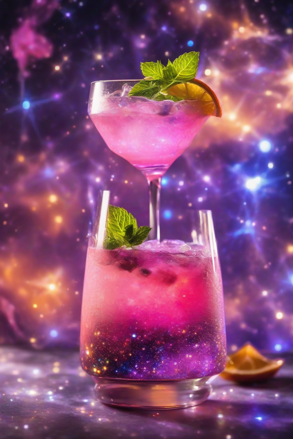 A high-resolution photo of a glowing Galaxy Glow Mocktail in a clear glass with starry garnishes under soft lighting.