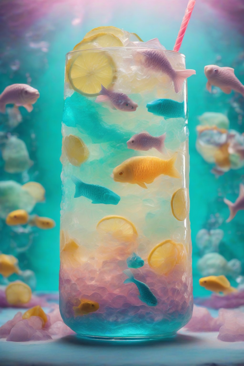 A high-resolution photo of a stratified Mermaid Lagoon Lemonade with turquoise layers and gummy fish under soft lighting.