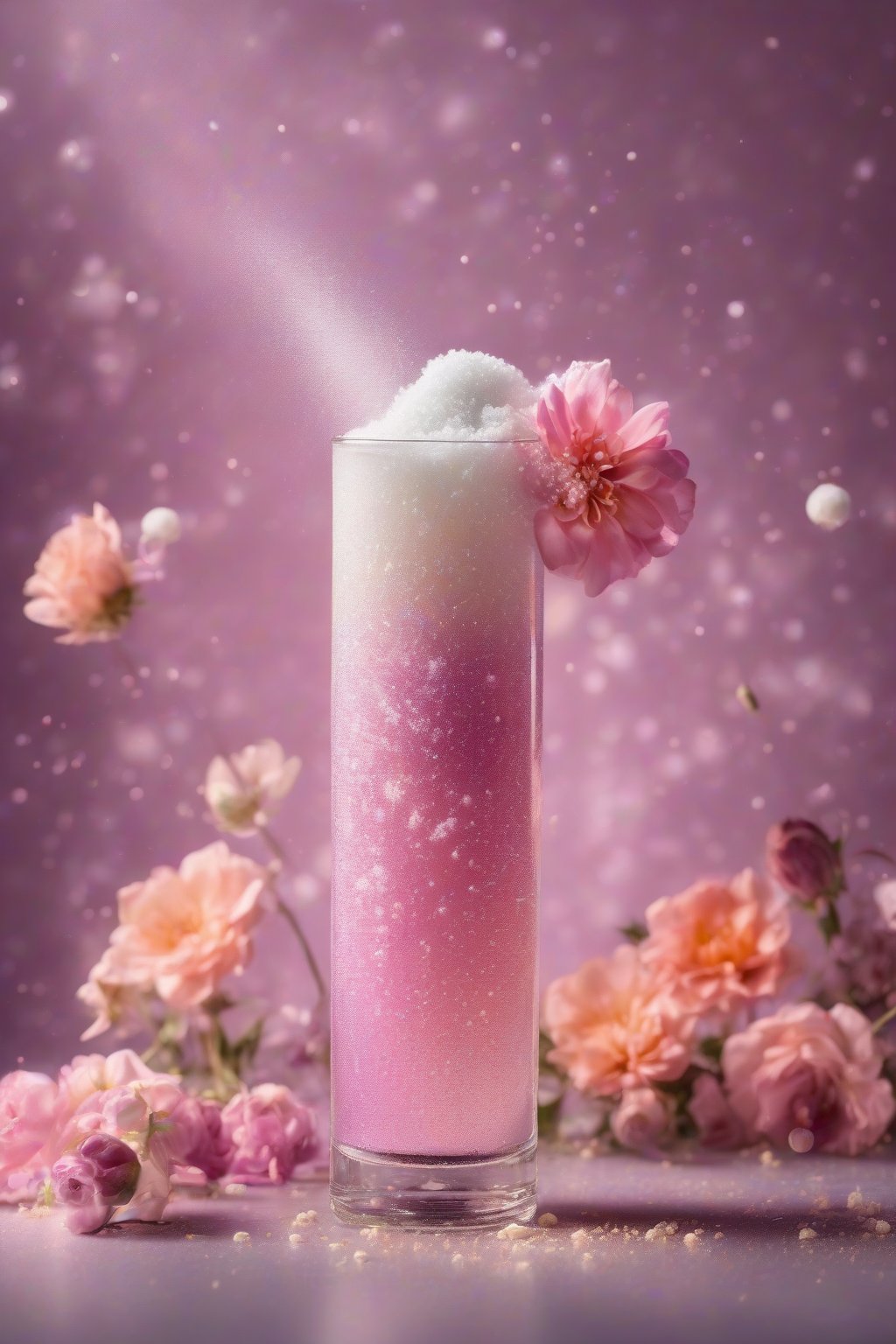 A high-resolution photo of a fizzy Fairy Dust Fizz with floating powdered sugar and flowers under soft lighting.