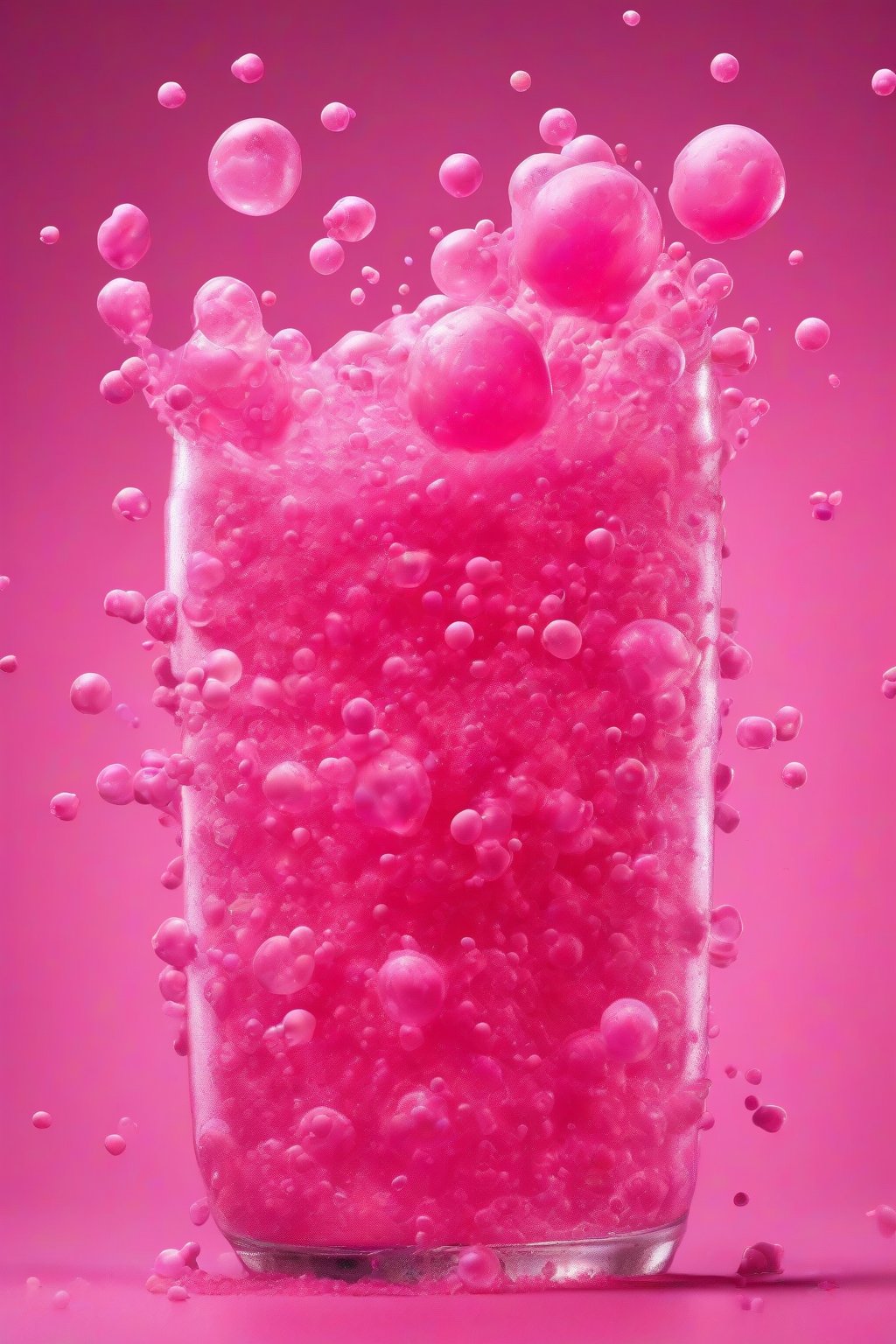 A high-resolution photo of Bubblegum Blast Soda bursting with pink bubbles and popping boba under soft lighting.