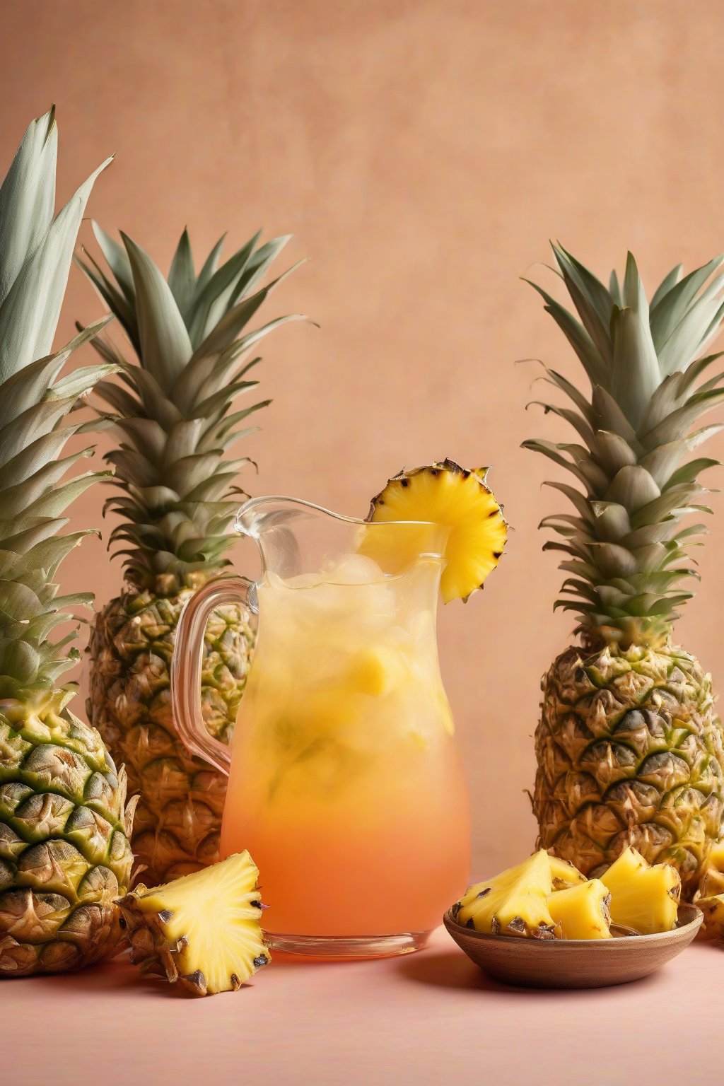 A high-resolution photo of a pitcher of Tropical Paradise Punch with golden hues and pineapple garnishes under soft lighting.