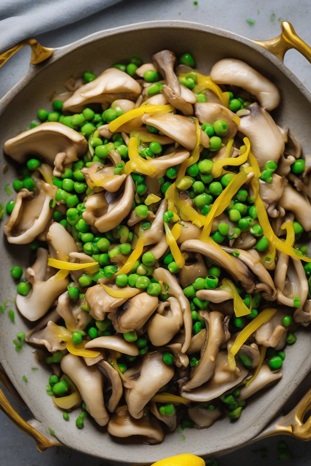 A close-up photo of lemon garlic oyster mushroom stir-fry with bright yellow zest and peas under soft lighting.