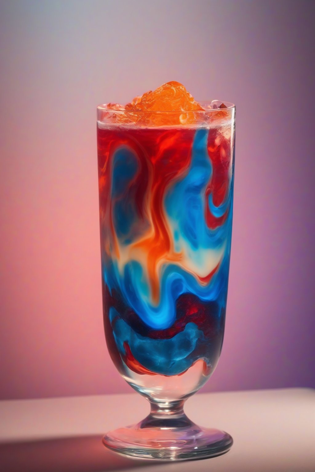 A high-resolution photo of a layered Lava Lamp drink with red-orange-blue strata under soft lighting.