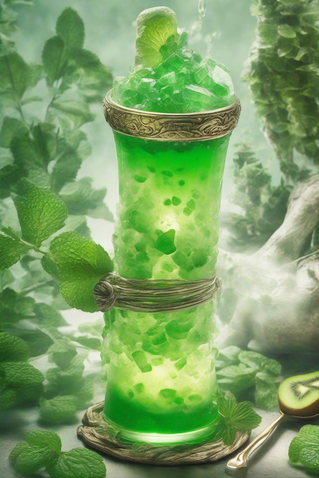 A high-resolution photo of an emerald Enchanted Forest Elixir with kiwi bits and mint under soft lighting.