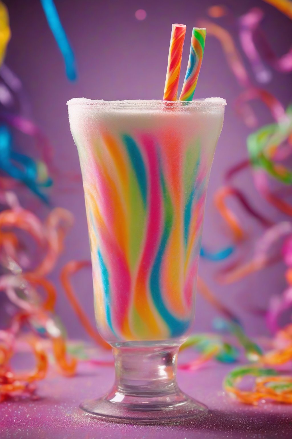 A high-resolution photo of a Pixie Stick Swirl drink with colorful powdered rim under soft lighting.