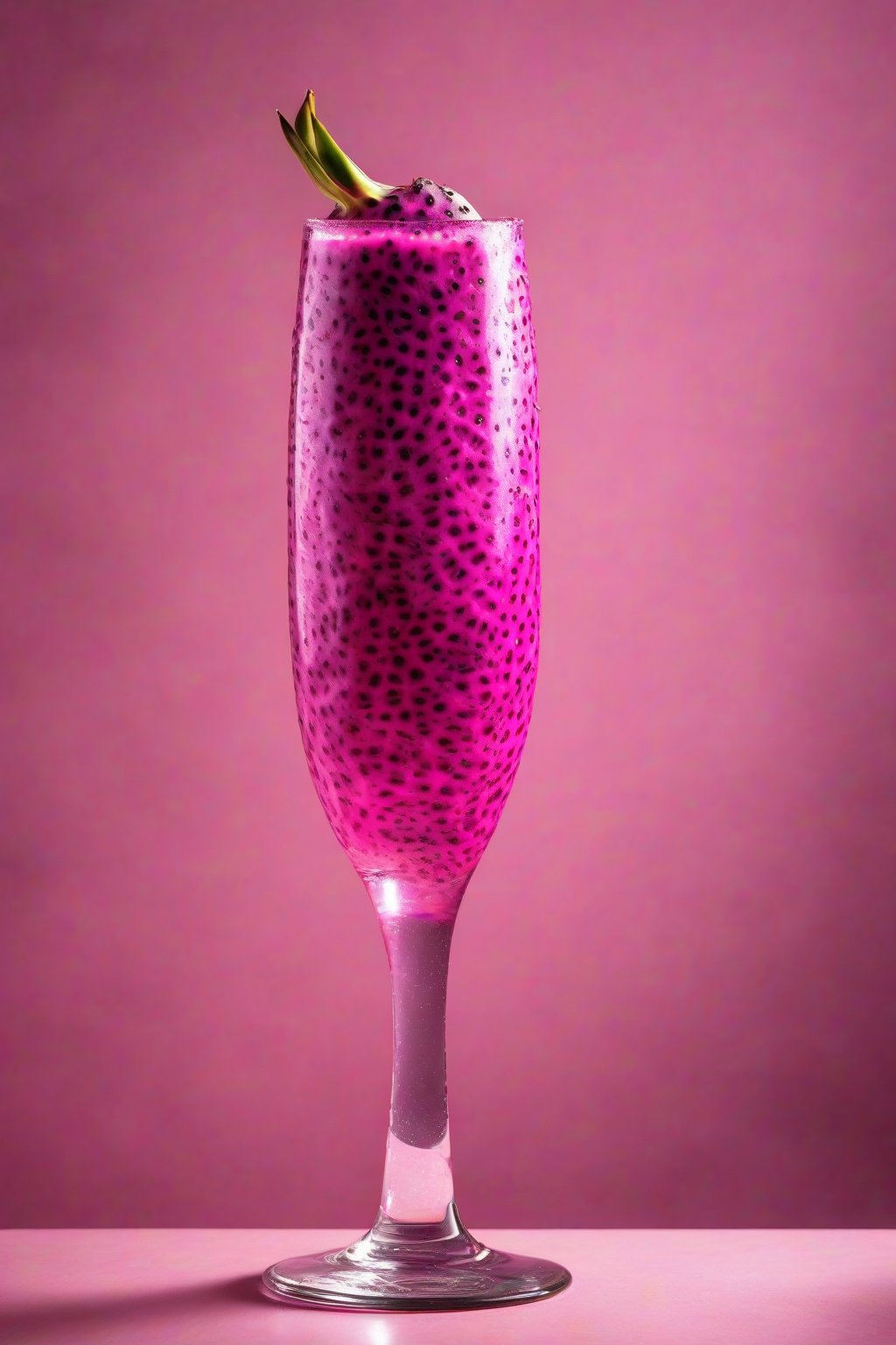 A high-resolution photo of a speckled pink Dragon Fruit Dream in a flute glass under soft lighting.