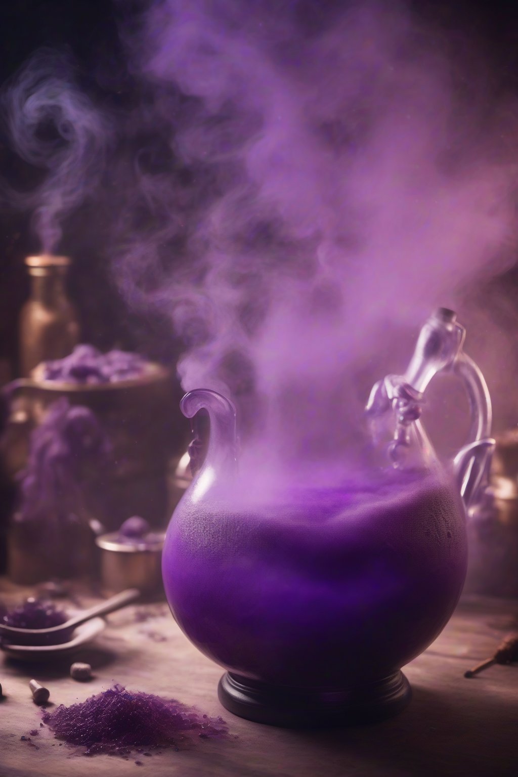 A high-resolution photo of a foggy Wizard's Potion Brew with swirling purple mist under soft lighting.