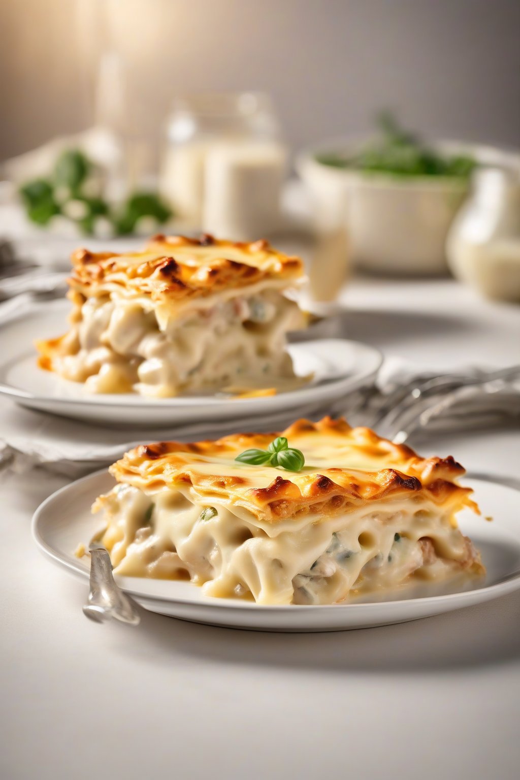 A high-resolution photo of a slice of classic creamy white chicken lasagna with golden cheese pull, under soft lighting.