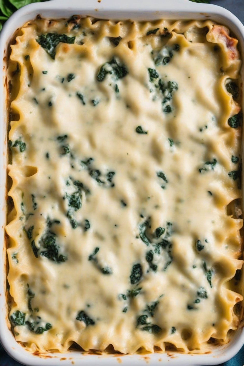 A high-resolution photo of spinach and artichoke white chicken lasagna oozing creamy sauce, under soft lighting.