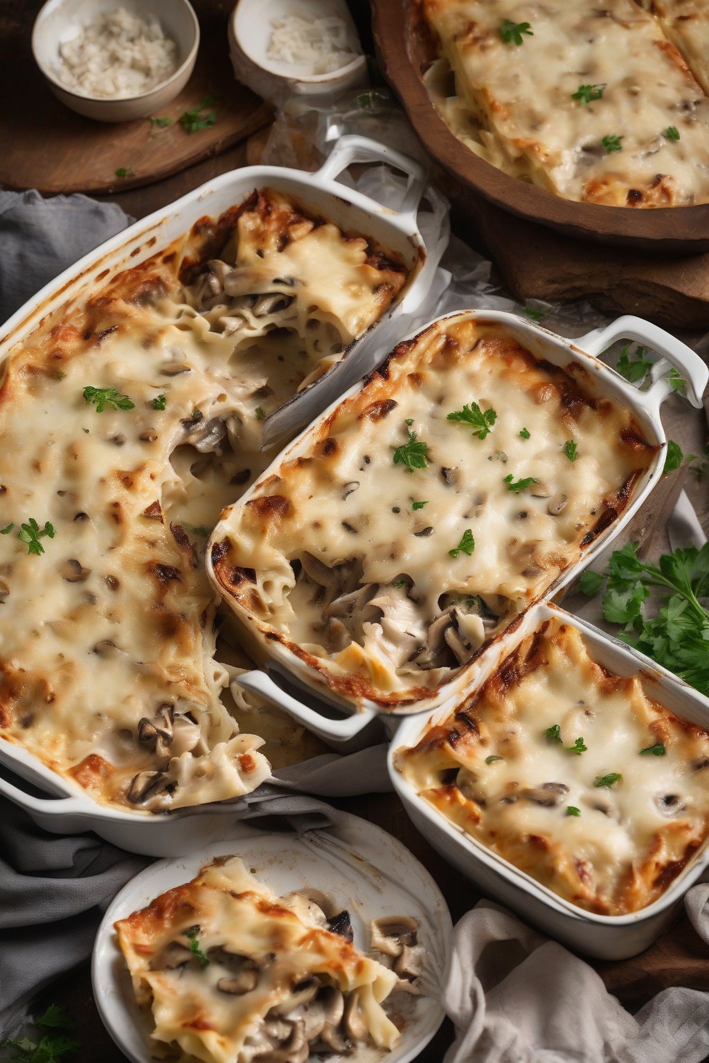 A high-resolution photo of mushroom-loaded white chicken lasagna with juicy slices, under soft lighting.