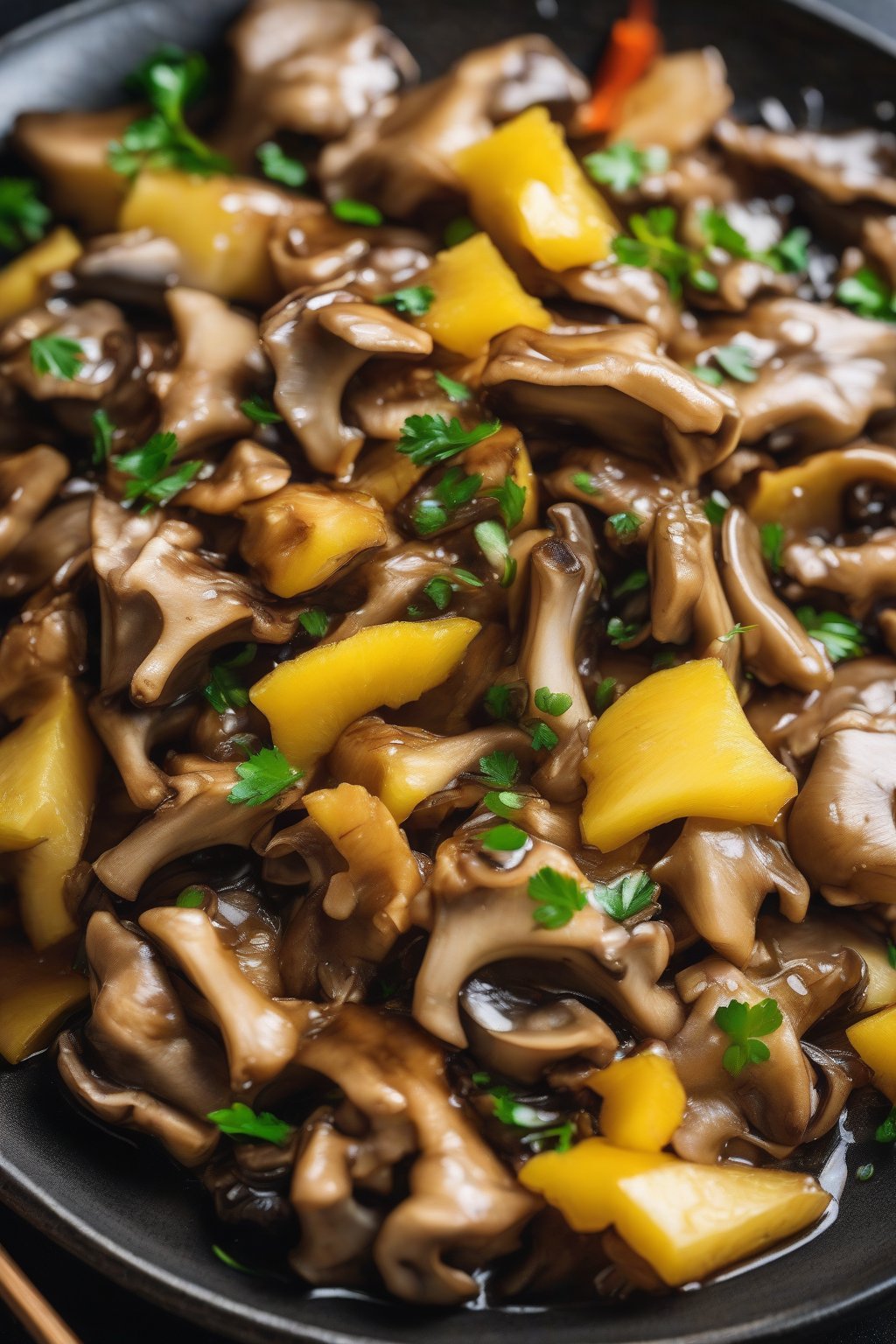 A close-up photo of sweet and sour oyster mushroom stir-fry with pineapple and shiny sauce under soft lighting.