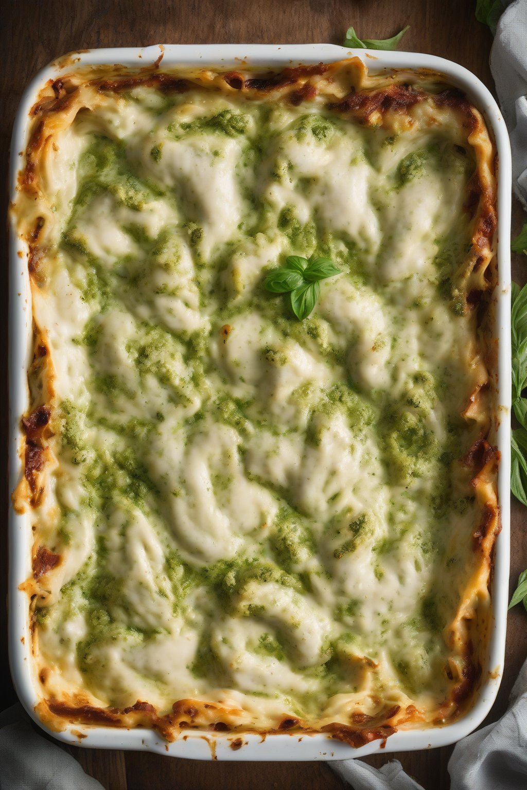 A high-resolution photo of pesto-swirled creamy white chicken lasagna, vibrant green flecks visible, under soft lighting.