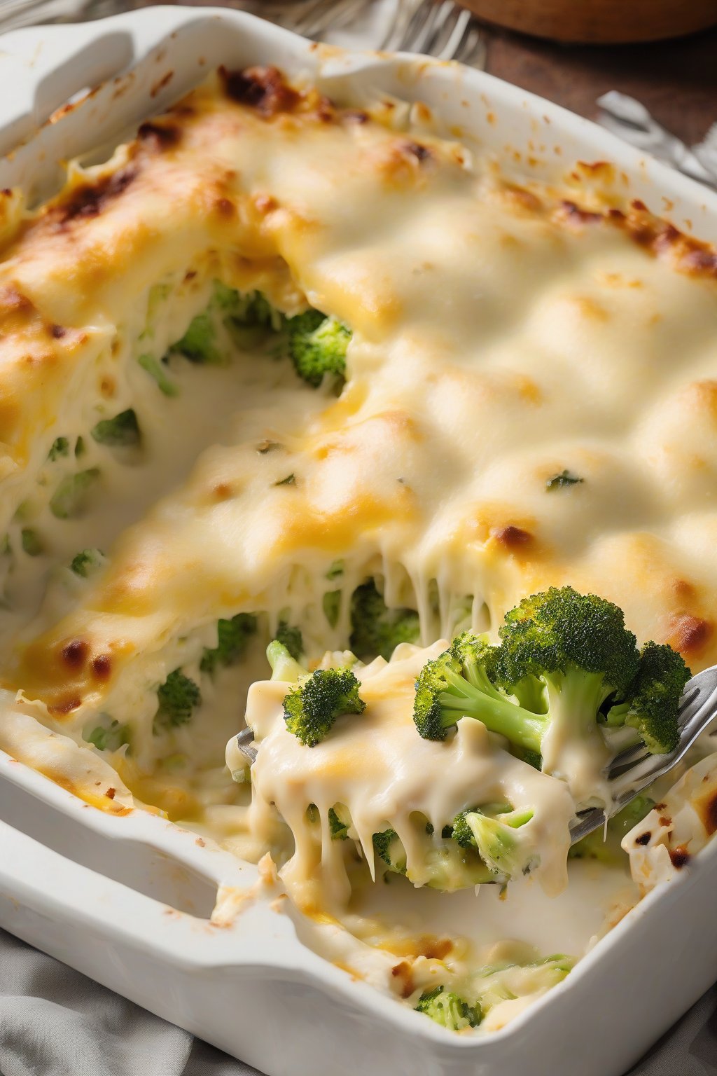 A high-resolution photo of broccoli cheddar white chicken lasagna steaming with cheese melt, under soft lighting.