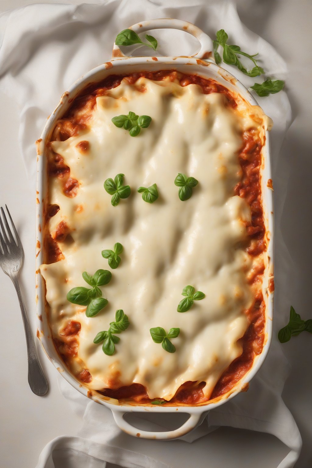 A high-resolution photo of Alfredo white chicken lasagna with glossy sauce shine, under soft lighting.