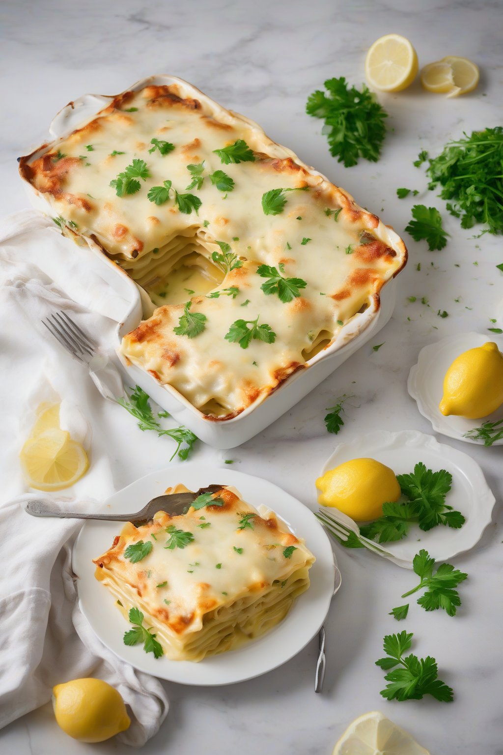 A high-resolution photo of lemon herb white chicken lasagna garnished with parsley, under soft lighting.