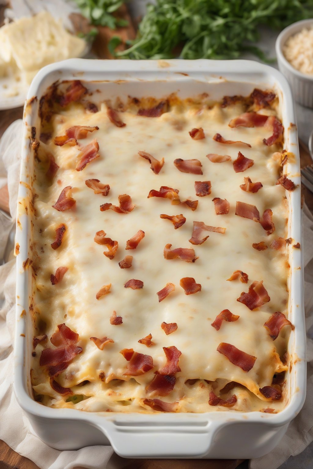 A high-resolution photo of bacon ranch white chicken lasagna with crispy bacon topping, under soft lighting.