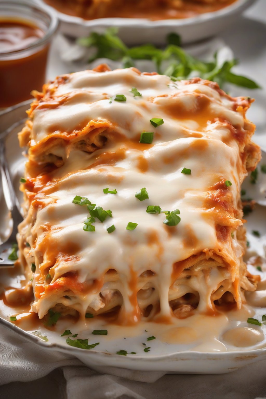 A high-resolution photo of buffalo white chicken lasagna with tangy sauce drip, under soft lighting.
