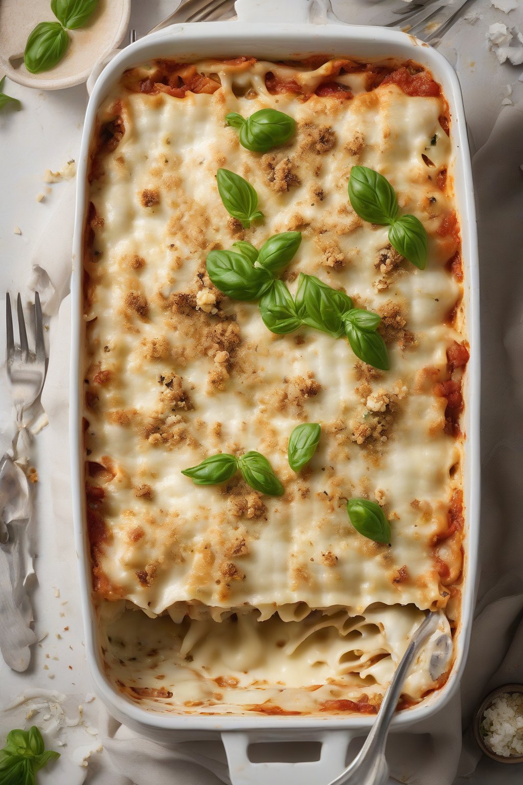 A high-resolution photo of Mediterranean white chicken lasagna with feta crumbles, under soft lighting.