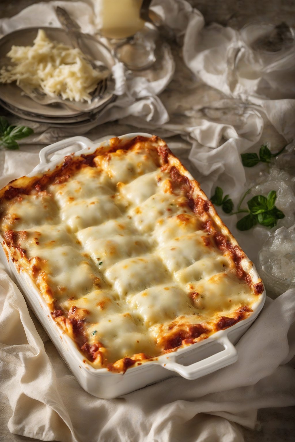 A high-resolution photo of four-cheese white chicken lasagna bubbling over, under soft lighting.