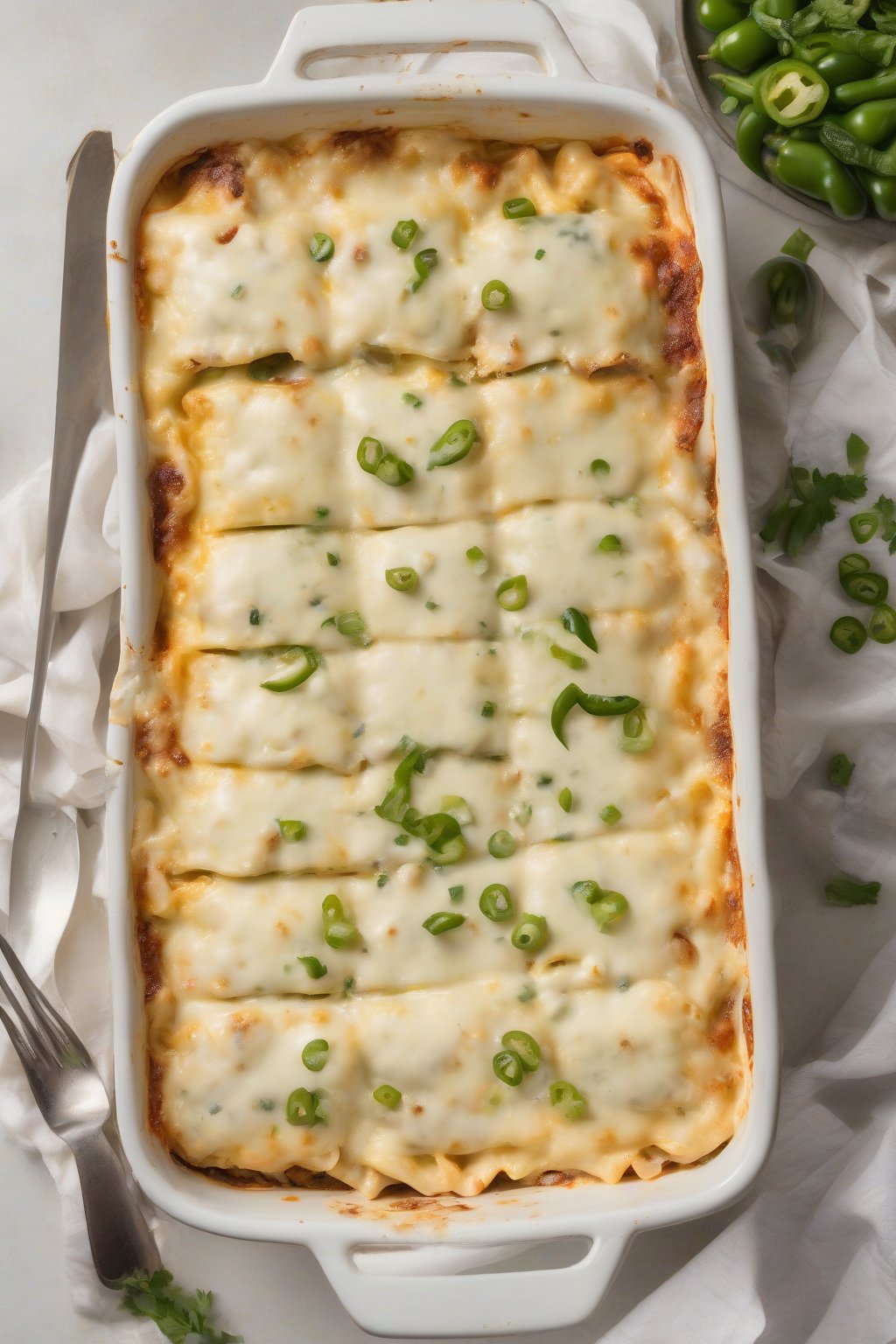 A high-resolution photo of jalapeño white chicken lasagna with green flecks and cheese pull, under soft lighting.