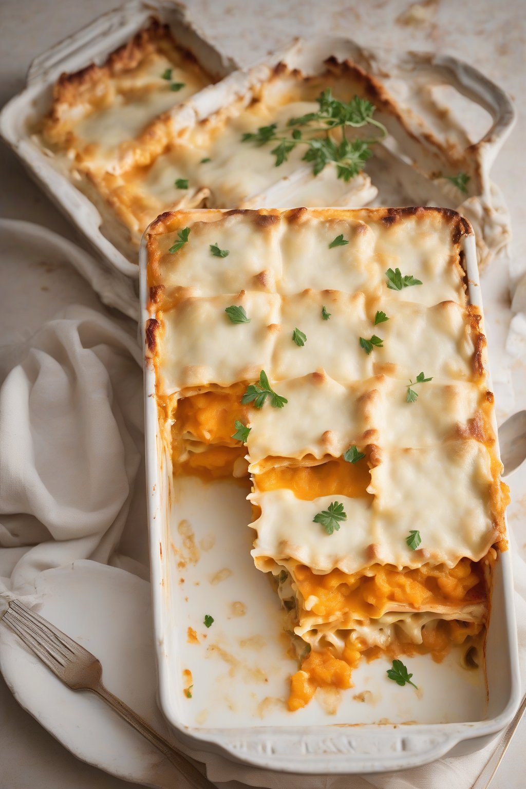 A high-resolution photo of butternut squash white chicken lasagna with orange hues, under soft lighting.