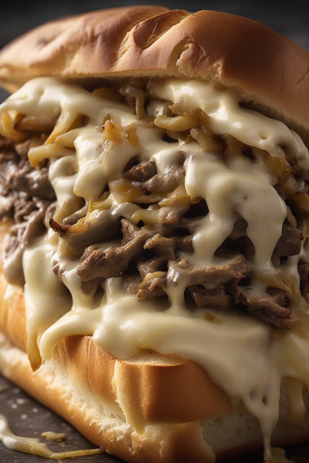 A high-resolution photo of a classic Philly cheesesteak sandwich with melted Cheez Whiz oozing out, topped with caramelized onions on a seeded roll, under soft lighting.