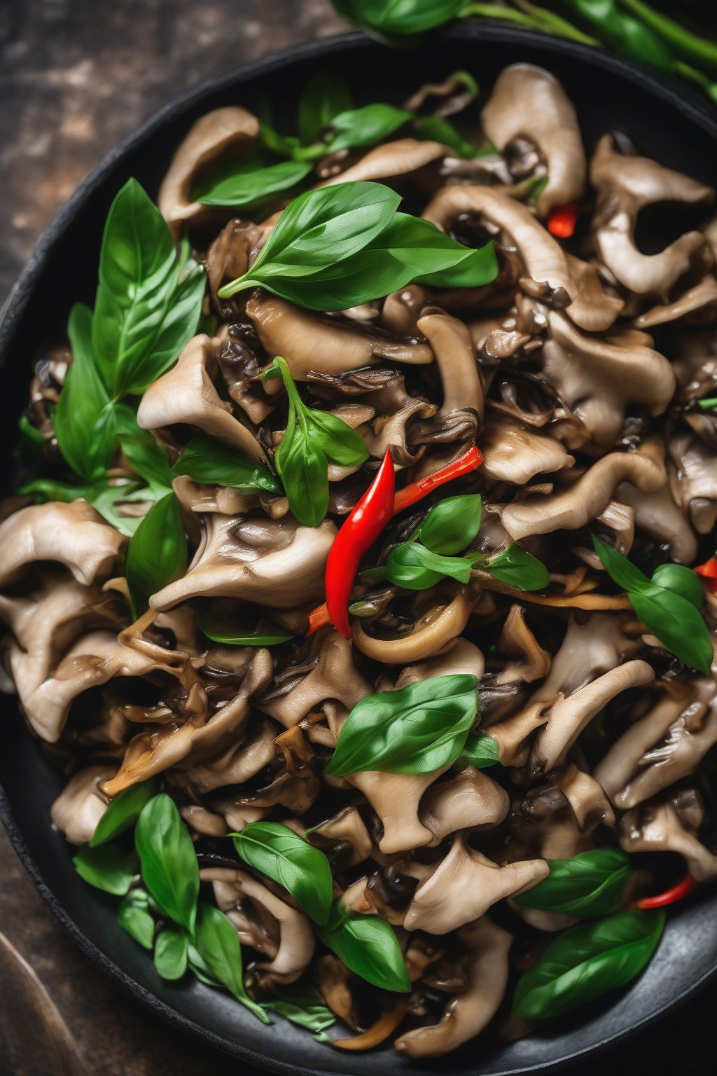 A close-up photo of Thai basil oyster mushroom stir-fry with vibrant green leaves and chilies under soft lighting.