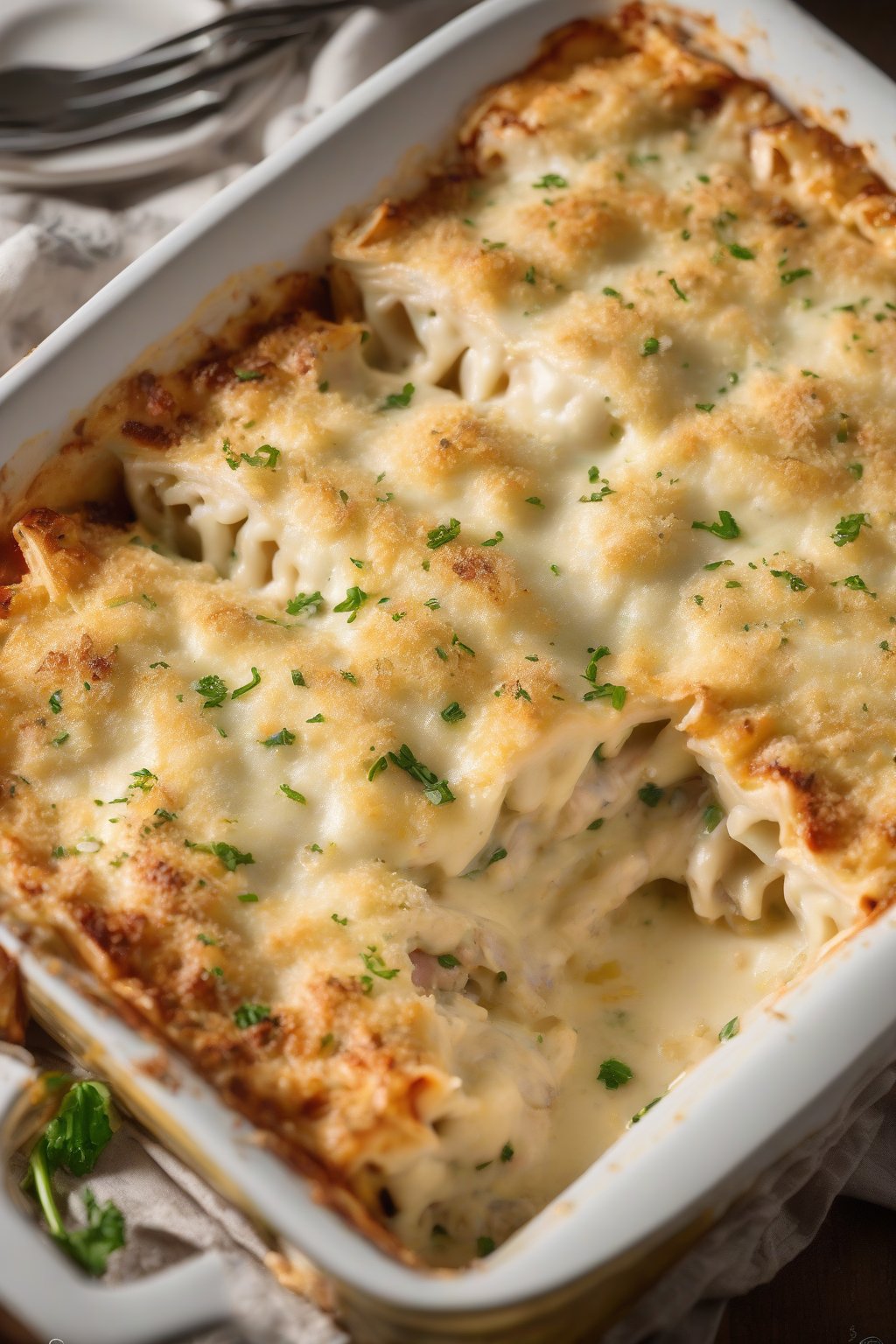 A high-resolution photo of garlic Parmesan white chicken lasagna with crispy golden top, under soft lighting.