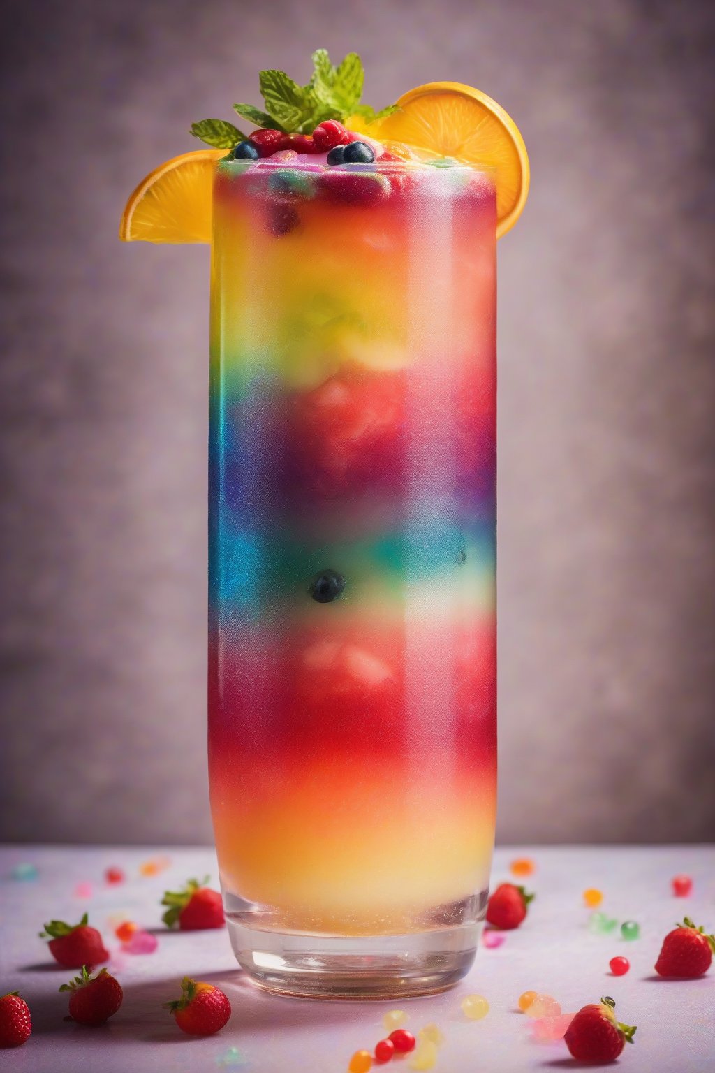 A high-resolution photo of a tall glass of sparkling rainbow punch with colorful layers and fruit garnishes under soft lighting.