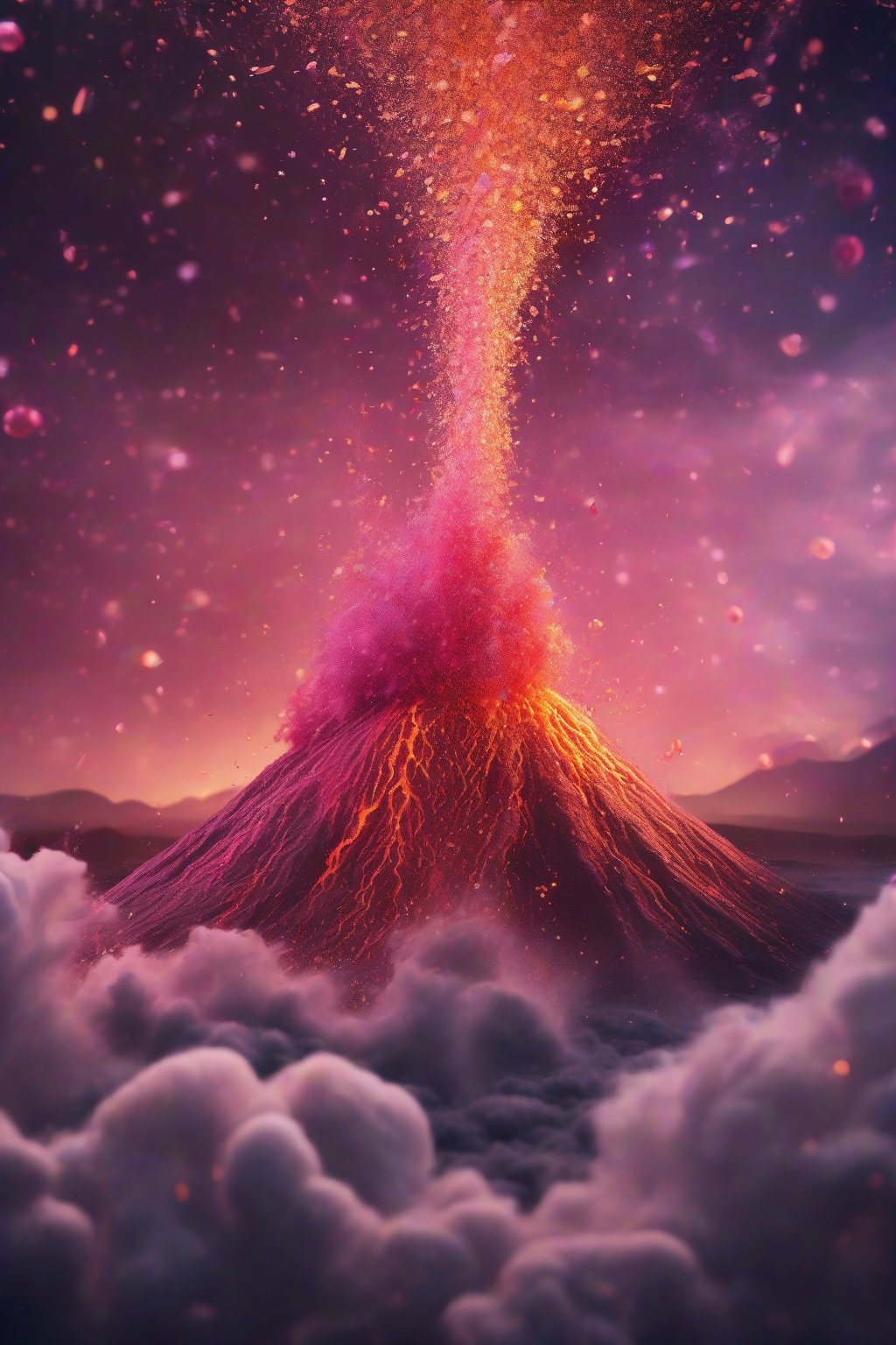 A high-resolution photo of a tropical volcano eruption drink fizzing over the rim with glitter specks under soft lighting.