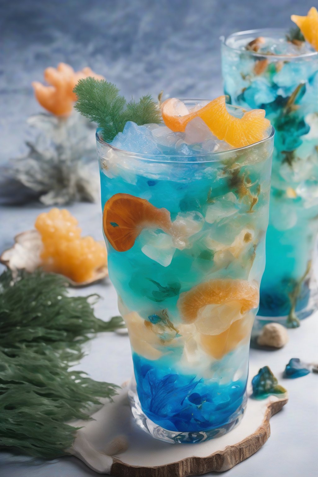 A high-resolution photo of a mermaid lagoon mocktail with blue hues, gummy fish, and seaweed garnish under soft lighting.